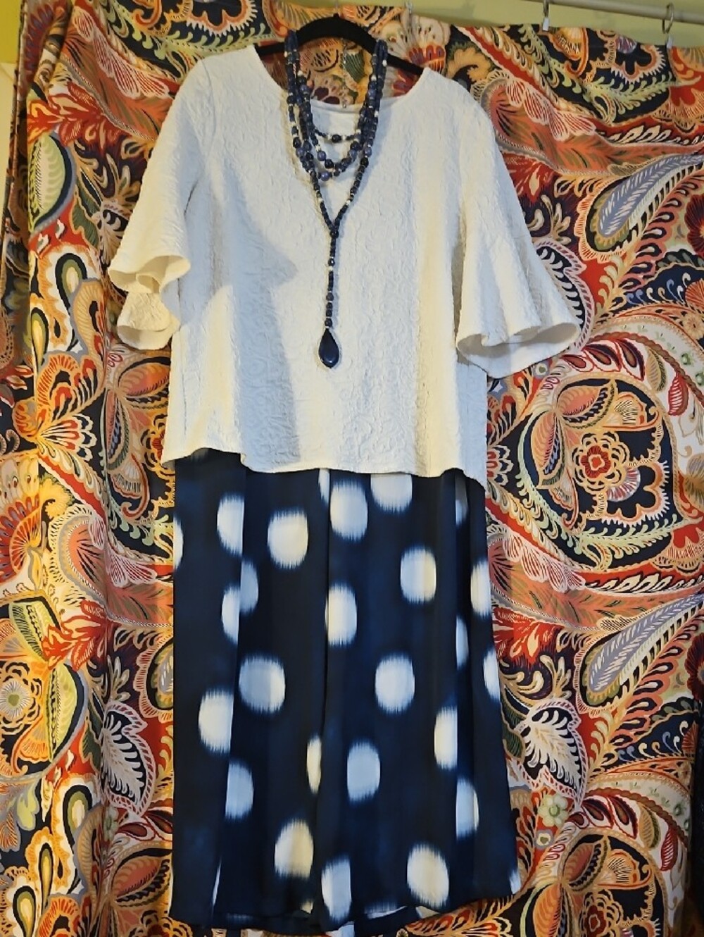 Chico's Navy Wide-Leg Polka Dot Pants with Bell Sleeve Top Chicos Size 2 Set